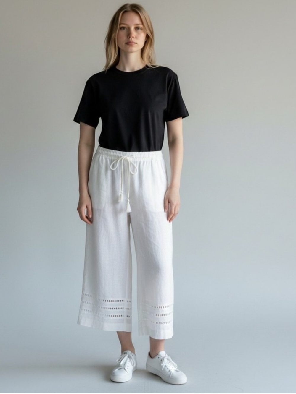 WHITE HOUSE BLACK MARKET White Wide Leg Linen Blend Crop Embroidered Hem SZ 4S